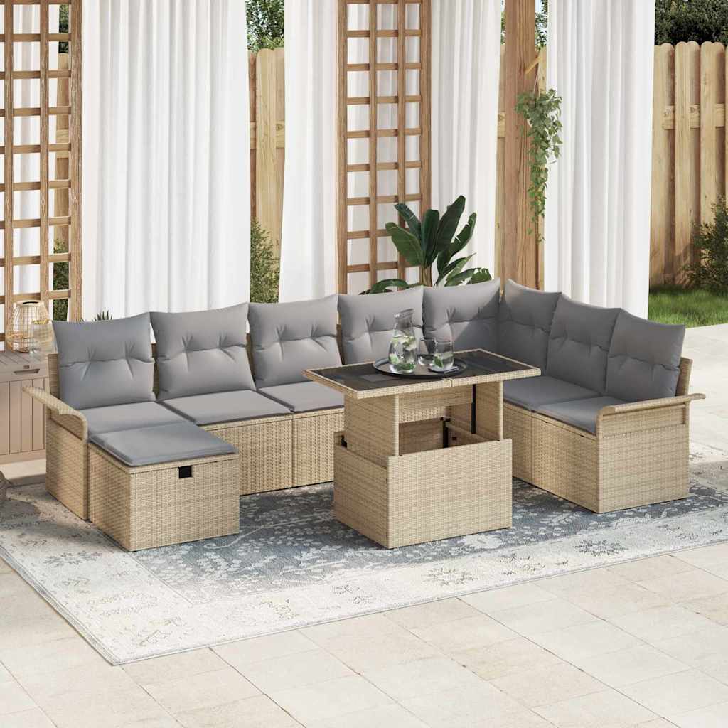vidaXL Conjunto de sofá de jardín 9 uds. Beige ratán sintético