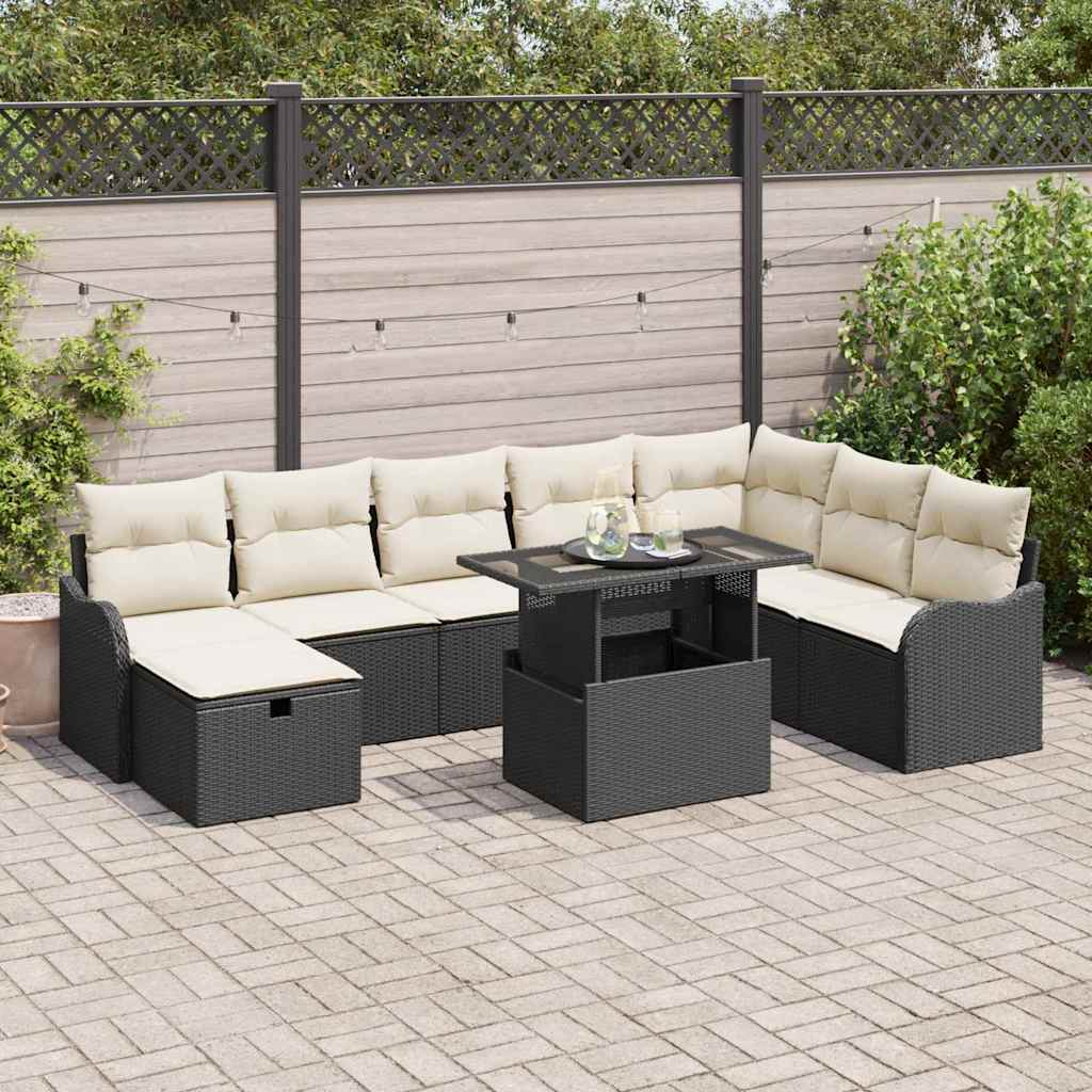 vidaXL Conjunto de sofá de jardín 9 uds. Negro ratán sintético