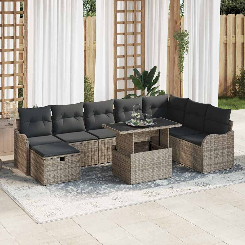 vidaXL Conjunto de sofá de jardín 9 uds. Gris ratán sintético