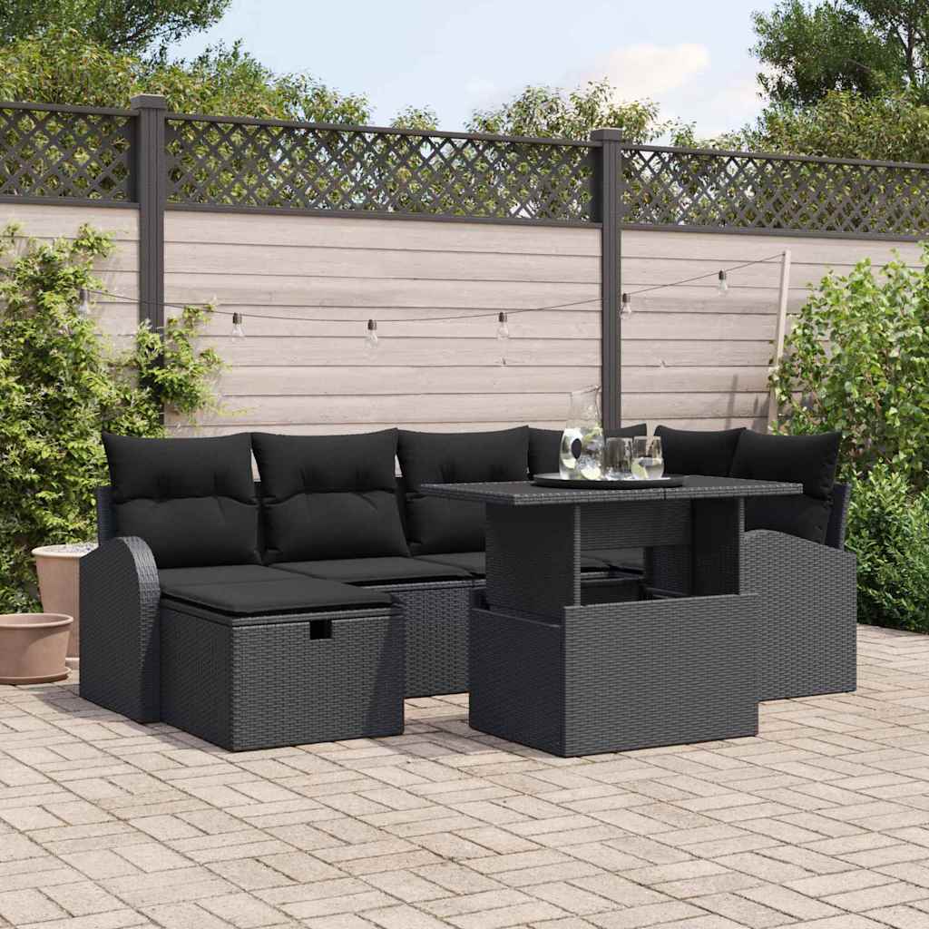 vidaXL Conjunto de sofá de jardín 7 uds. Negro ratán sintético