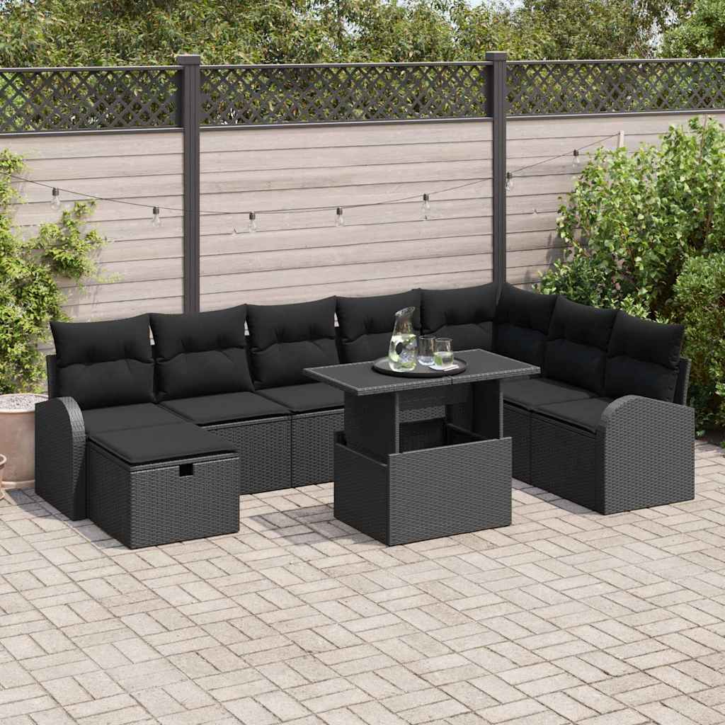vidaXL Conjunto de sofá de jardín 9 uds. Negro ratán sintético