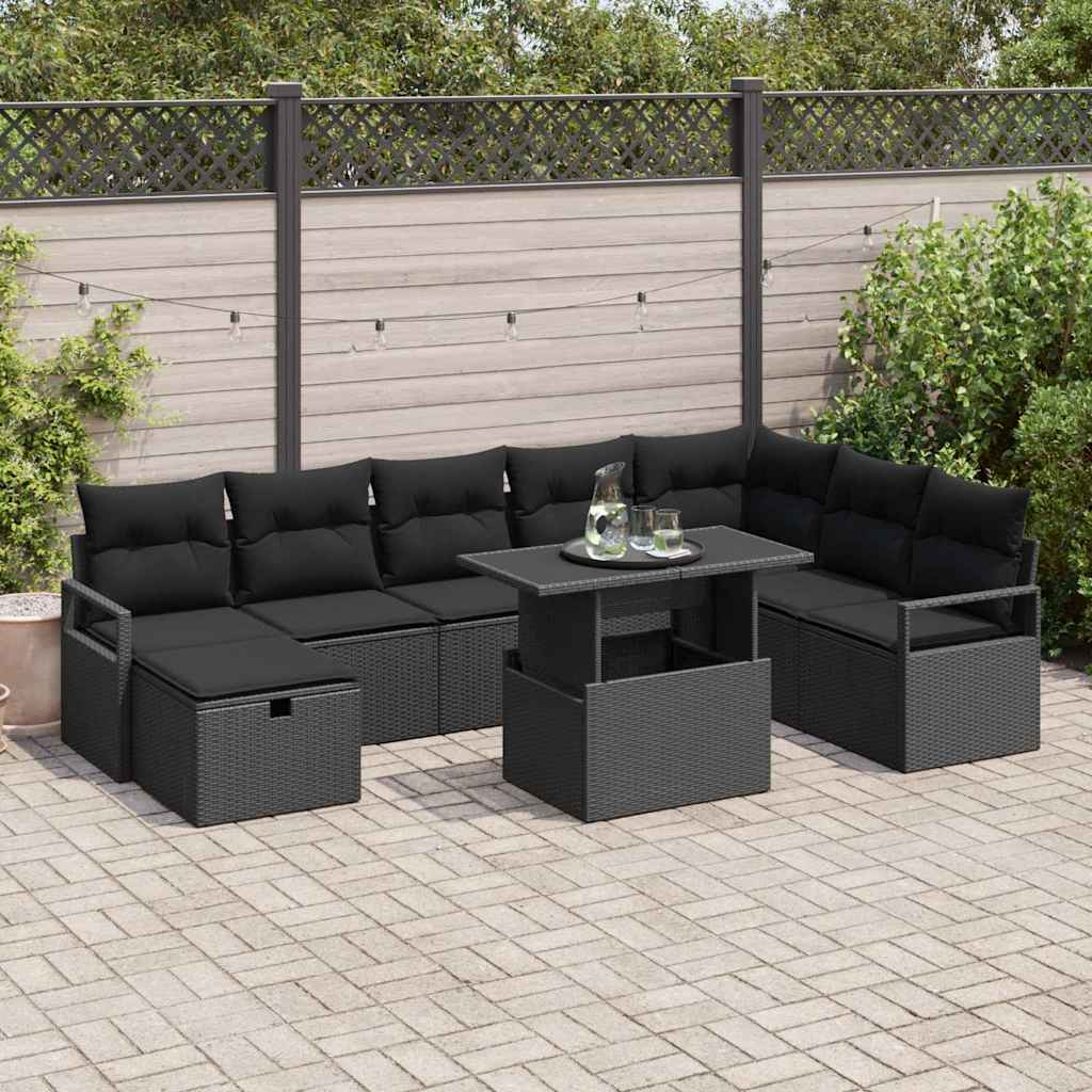 vidaXL Conjunto de sofá de jardín 9 uds. Negro ratán sintético