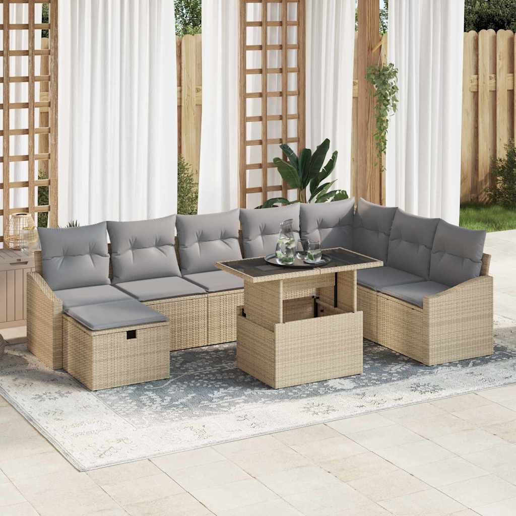 vidaXL Conjunto de sofá de jardín 9 uds. Beige ratán sintético