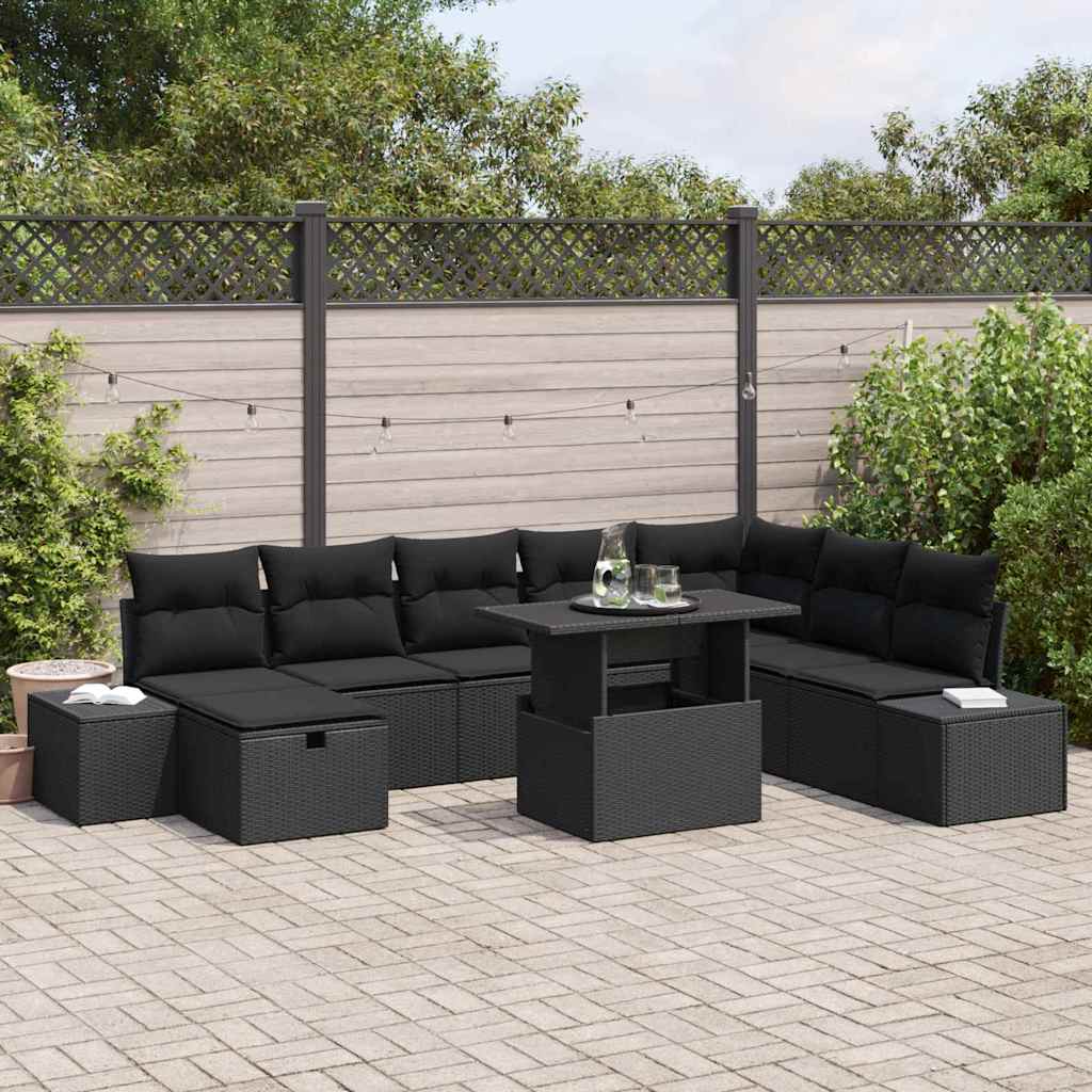 vidaXL Conjunto de sofá de jardín 9 uds. Negro ratán sintético
