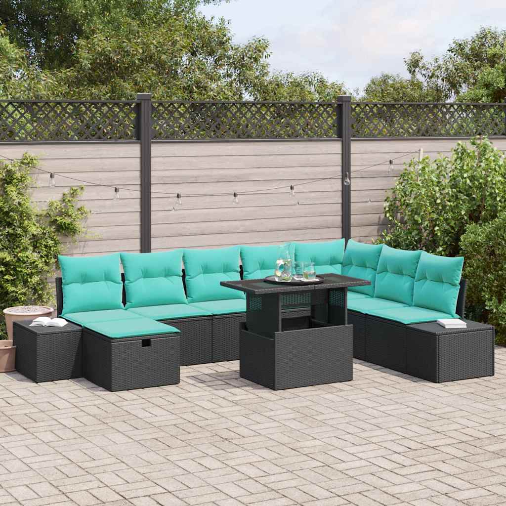 vidaXL Conjunto de sofá de jardín 9 uds. Negro ratán sintético
