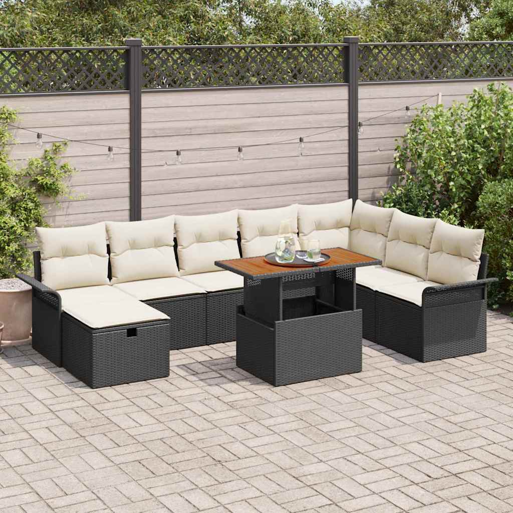 vidaXL Conjunto de sofá de jardín 9 uds. Negro ratán sintético