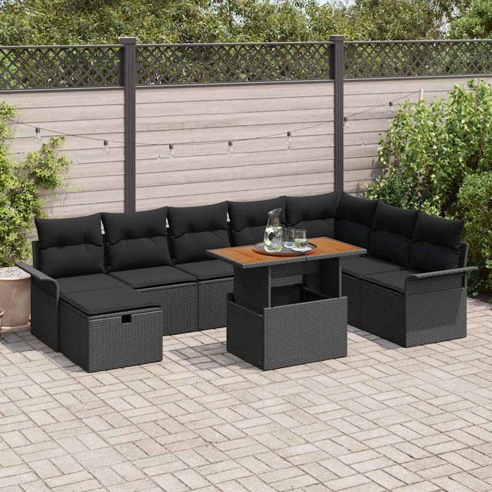 vidaXL Conjunto de sofá de jardín 9 uds. Negro ratán sintético