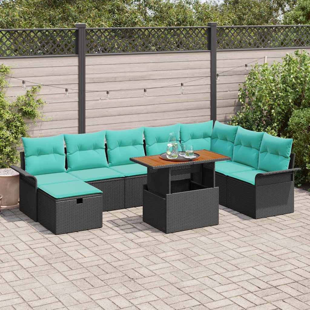 vidaXL Conjunto de sofá de jardín 9 uds. Negro ratán sintético