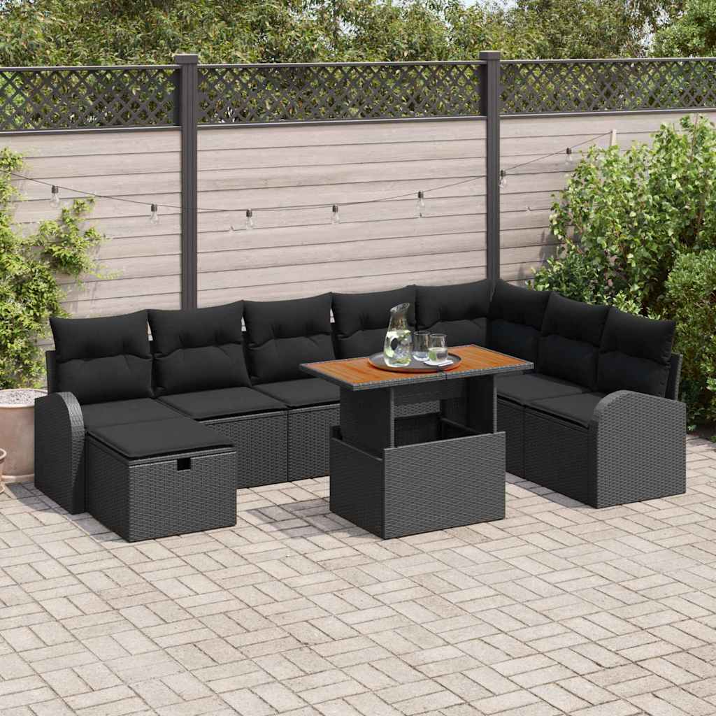 vidaXL Conjunto de sofá de jardín 9 uds. Negro ratán sintético