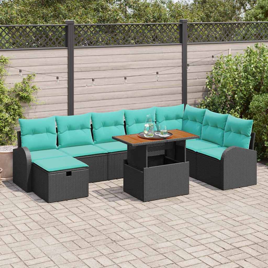 vidaXL Conjunto de sofá de jardín 9 uds. Negro ratán sintético