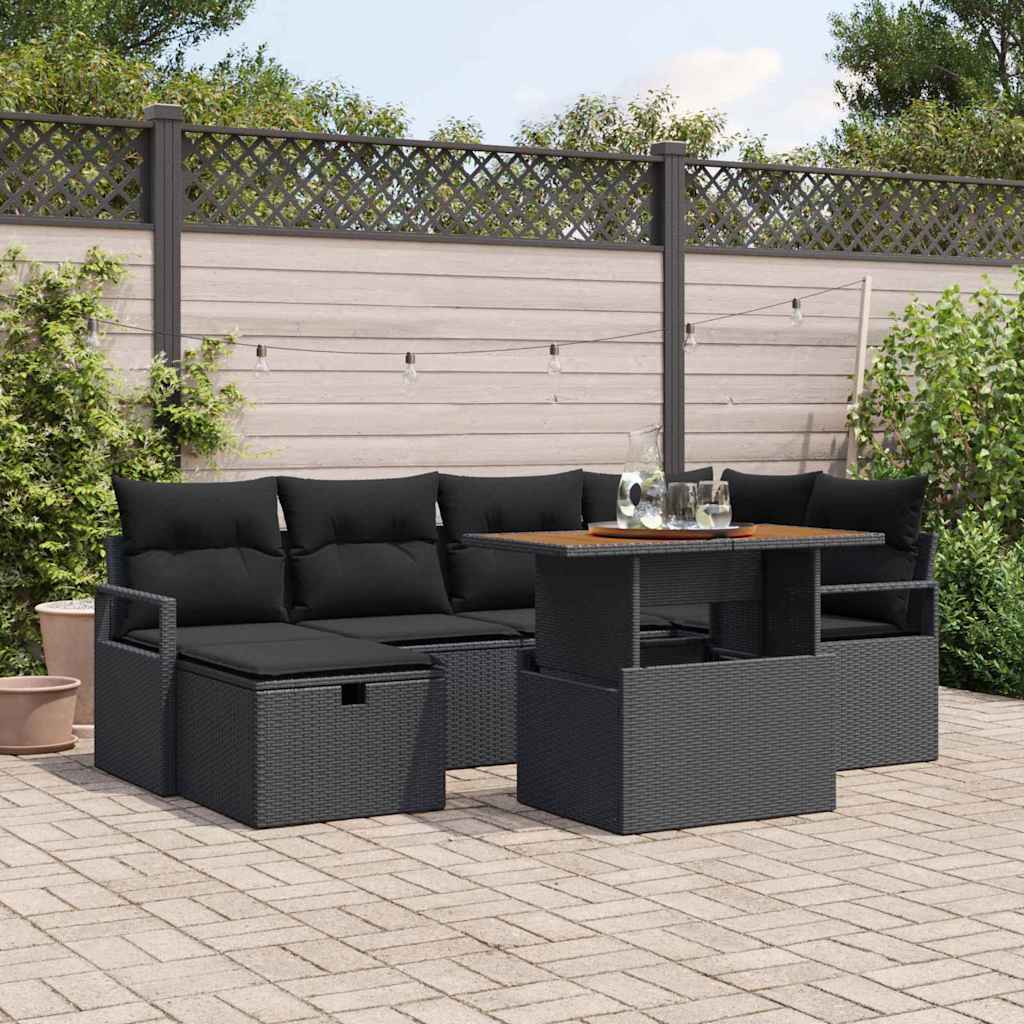 vidaXL Conjunto de sofá de jardín 7 uds. Negro ratán sintético