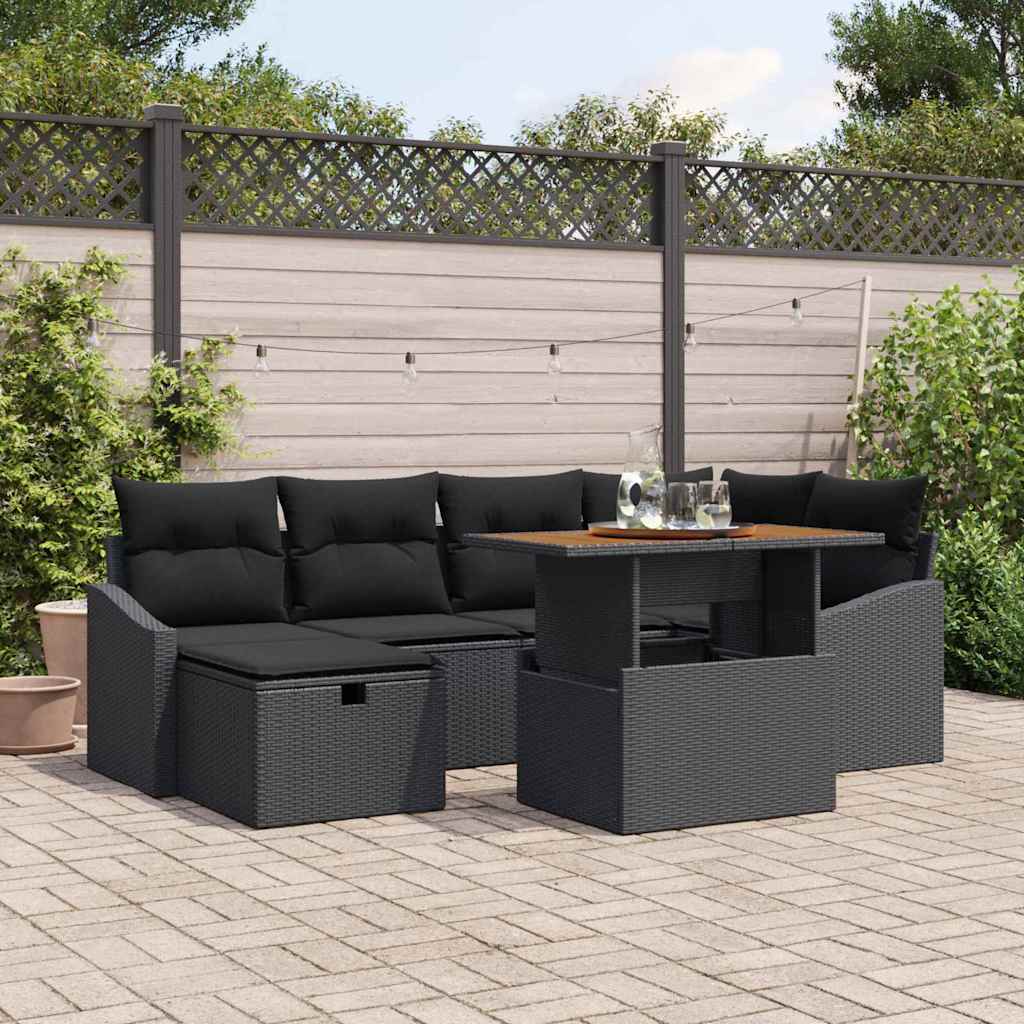 vidaXL Conjunto de sofá de jardín 7 uds. Negro ratán sintético