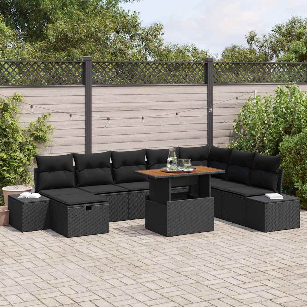 vidaXL Conjunto de sofá de jardín 9 uds. Negro Poliratán
