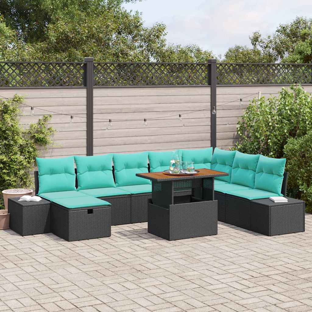 vidaXL Conjunto de sofá de jardín 9 uds. Negro ratán sintético