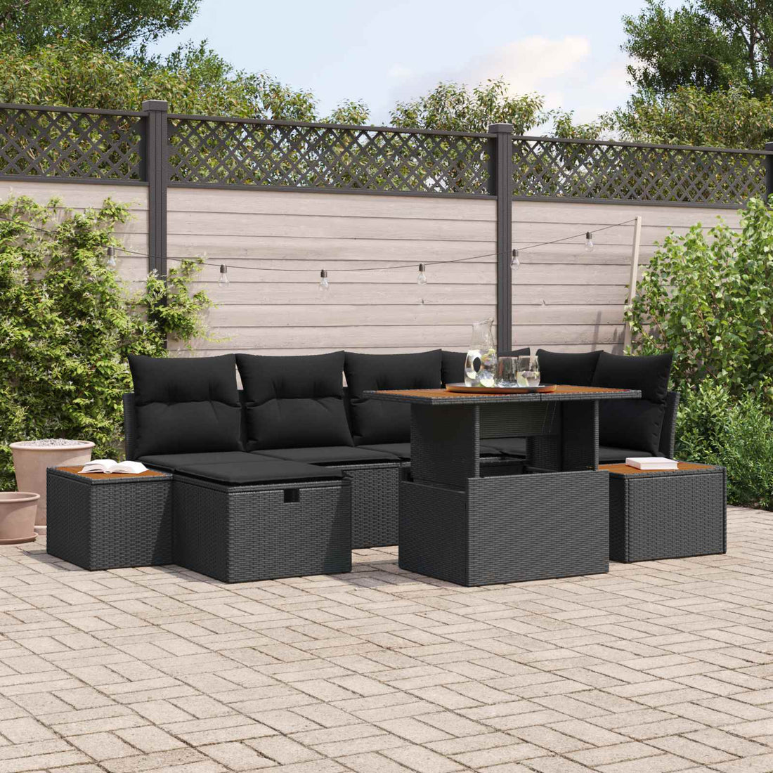 vidaXL Conjunto de sofá de jardín 7 uds. Negro ratán sintético
