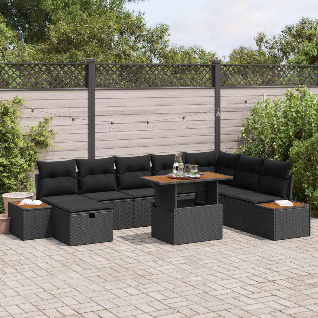 vidaXL Conjunto de sofás de jardín 9 uds. Negro ratán sintético