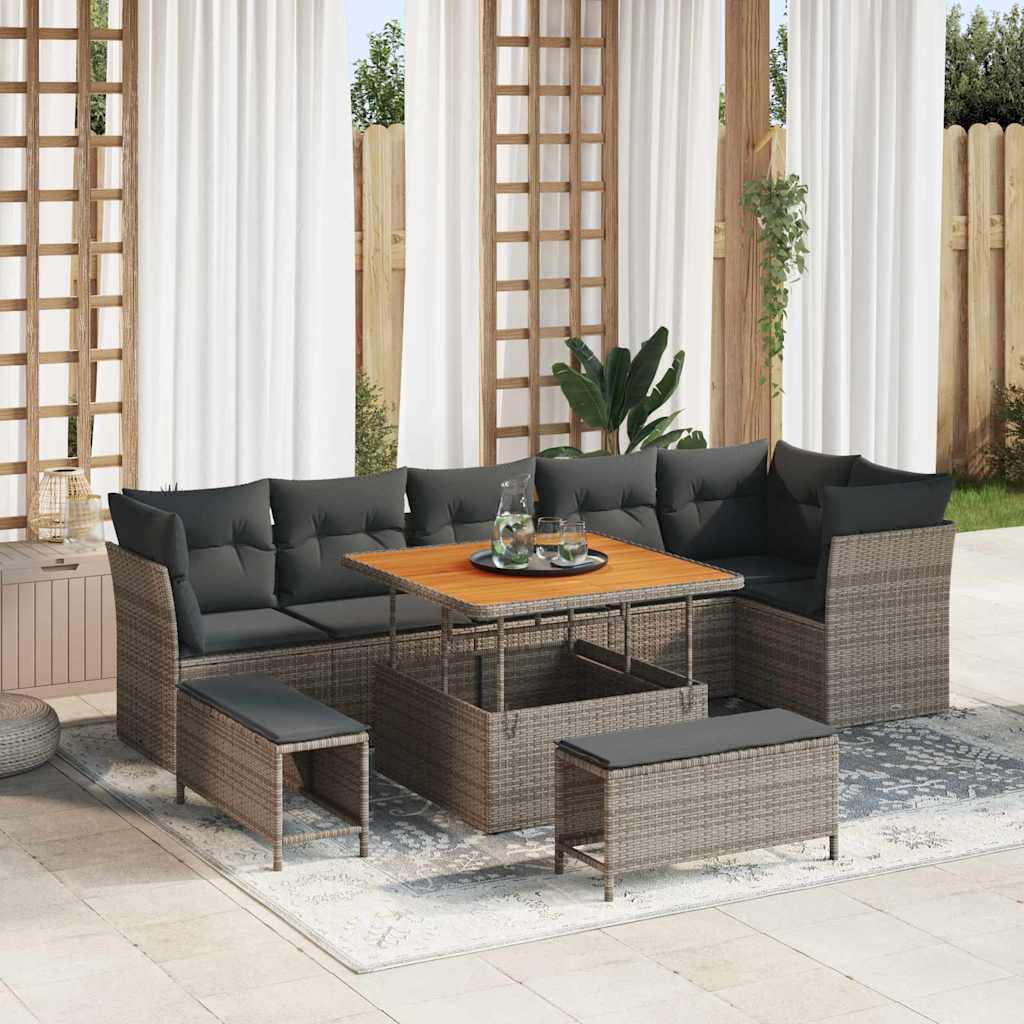 vidaXL Conjunto de sofás de jardín 9 uds. Gris ratán sintético