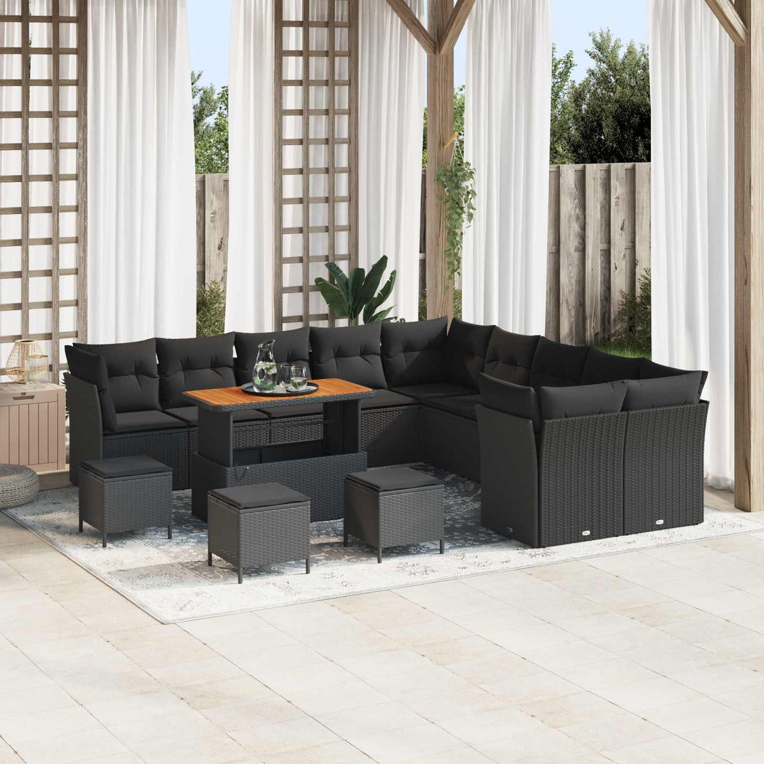 vidaXL Conjunto de sofás de jardín 14 uds. Negro ratán sintético
