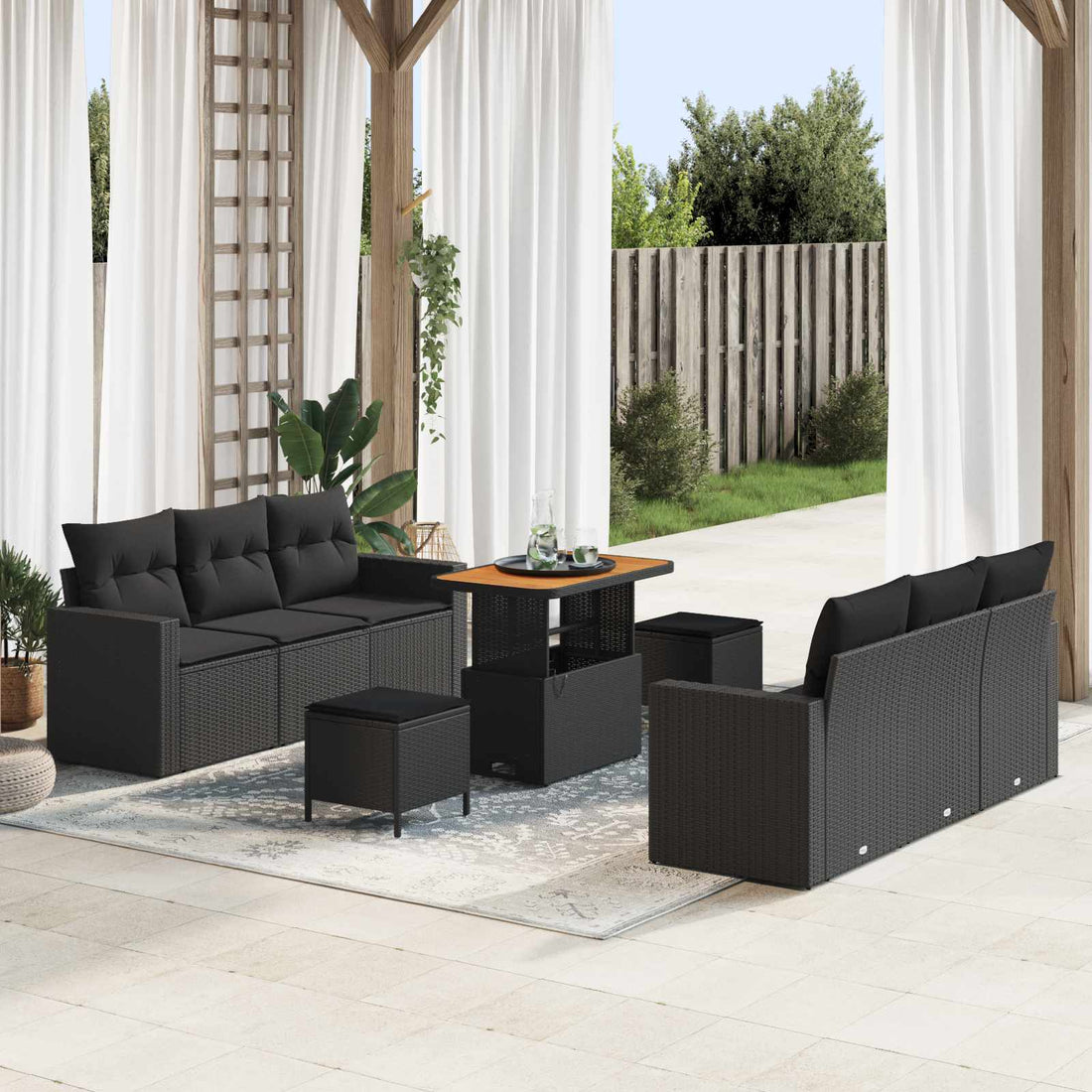 vidaXL Conjunto de sofá de jardín 9 uds. Negro ratán sintético