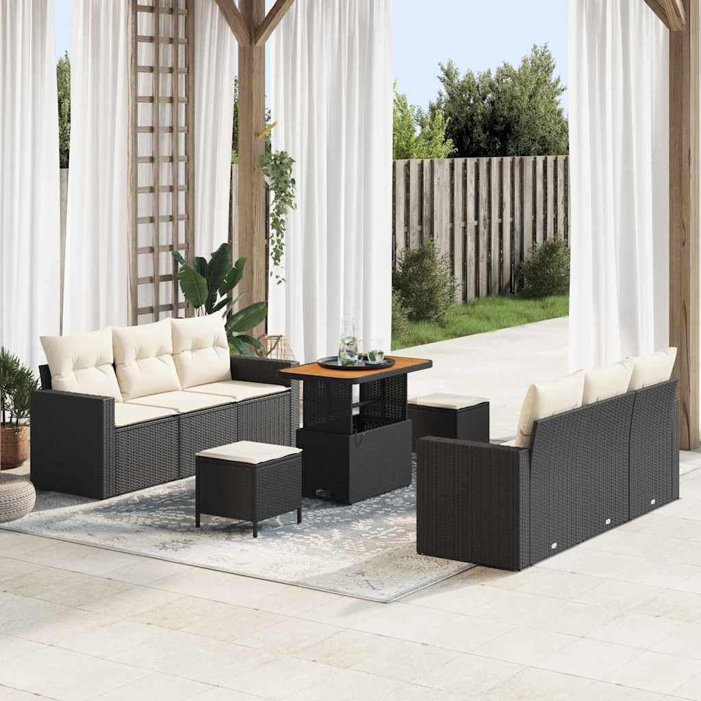 vidaXL Conjunto de sofá de jardín 9 uds. Negro ratán sintético