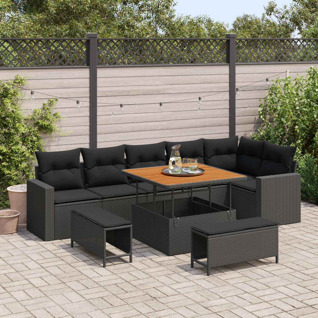 vidaXL Conjunto de sofás de jardín 9 uds. Negro ratán sintético