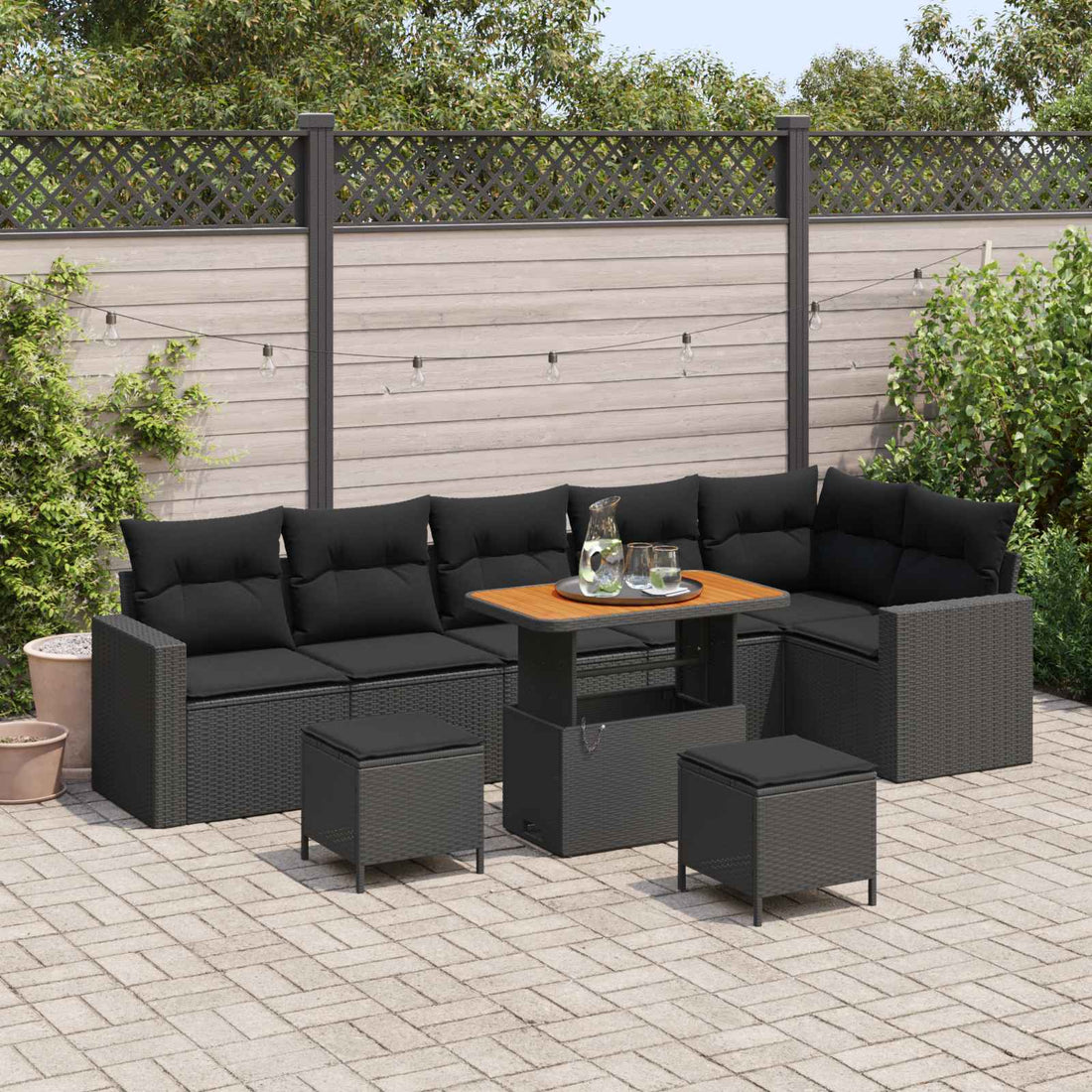 vidaXL Conjunto de sofás de jardín 9 uds. Negro ratán sintético