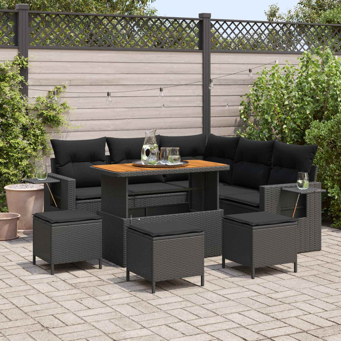 vidaXL Conjunto de sofá de jardín 9 uds. Negro ratán sintético