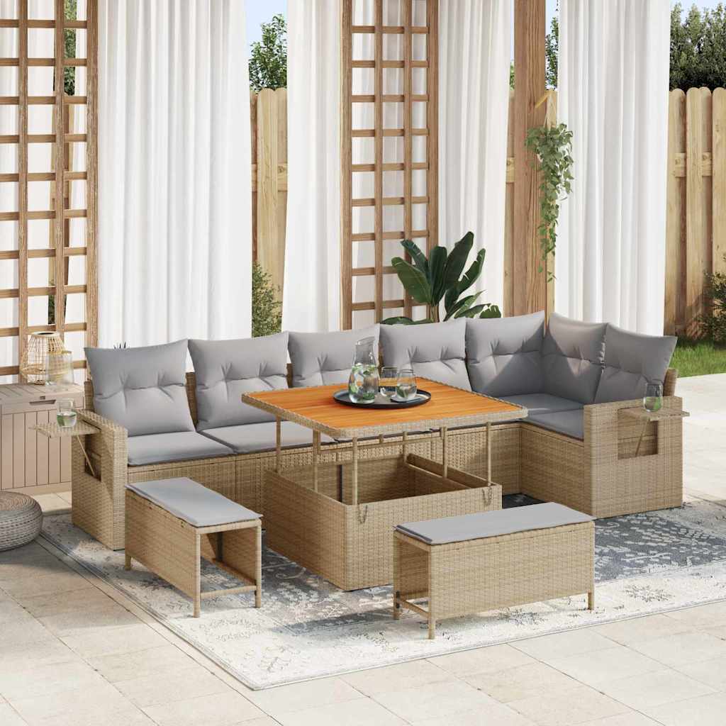 vidaXL Conjunto de sofás de jardín 9 uds. Beige ratán sintético