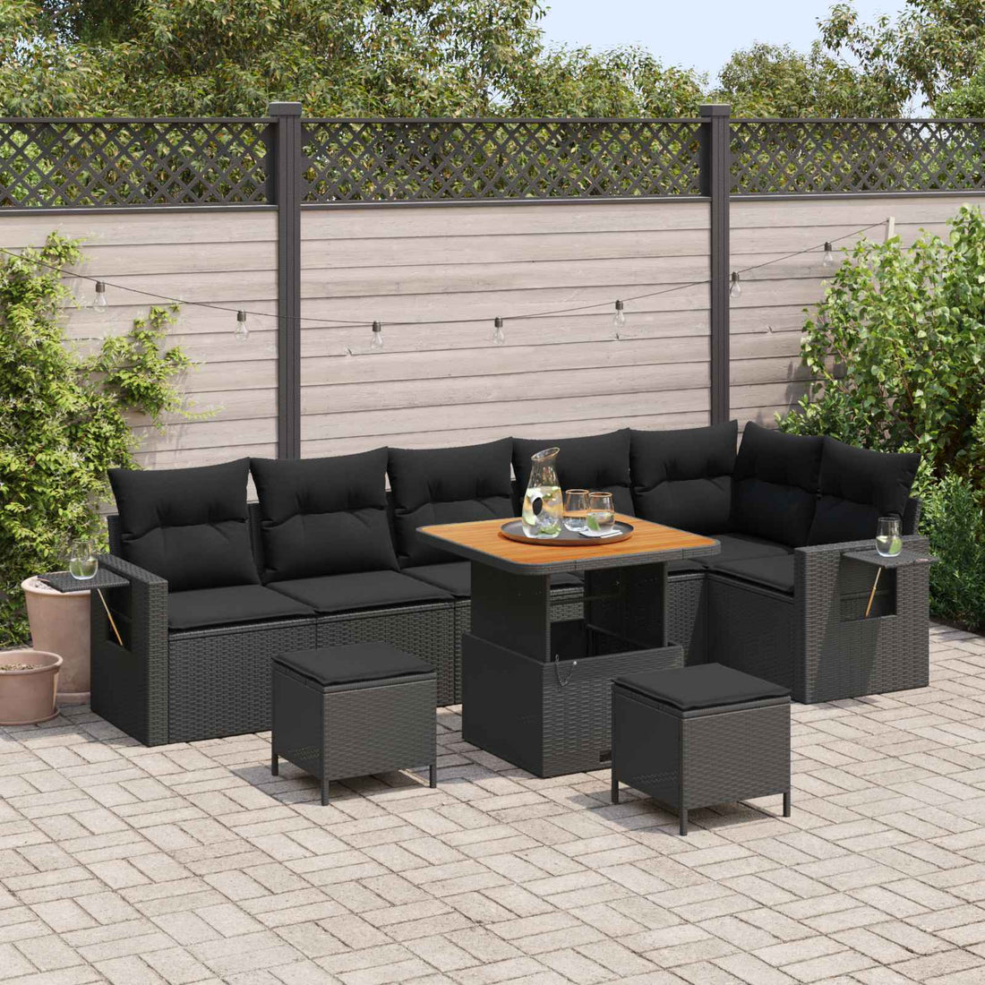 vidaXL Conjunto de sofás de jardín 9 uds. Negro ratán sintético