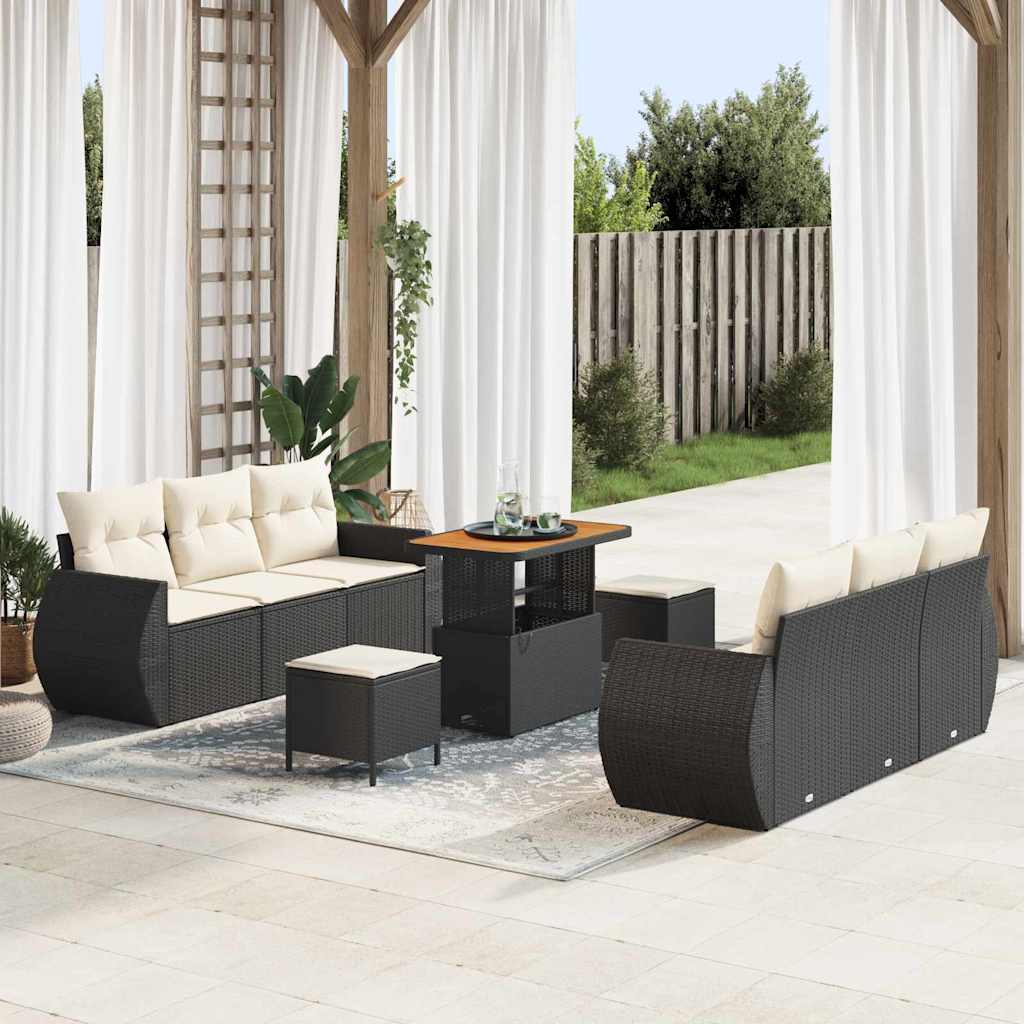 vidaXL Conjunto de sofá de jardín 9 uds. Negro ratán sintético