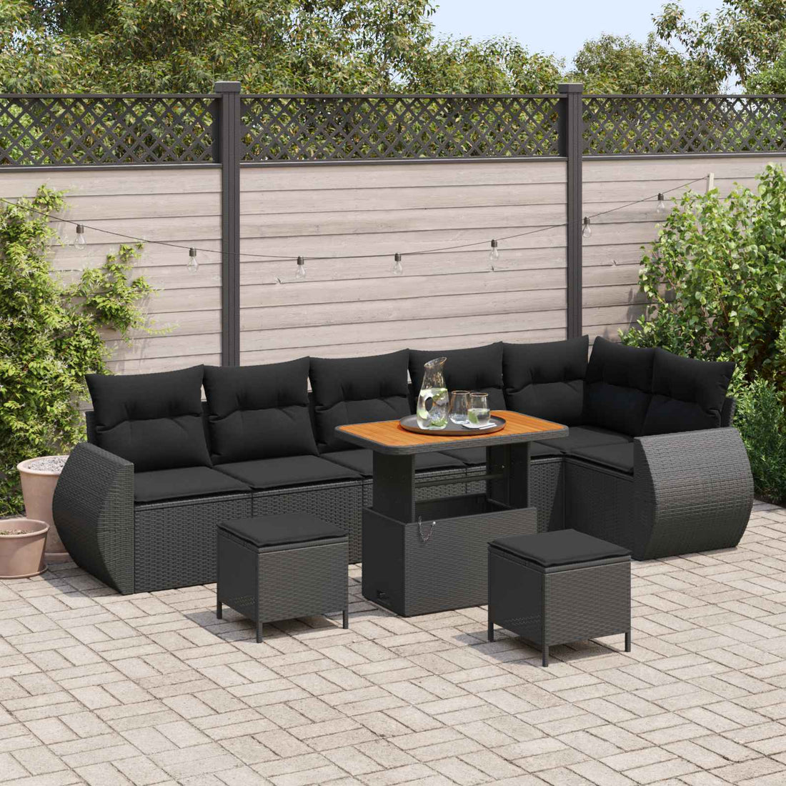 vidaXL Conjunto de sofás de jardín 9 uds. Negro ratán sintético