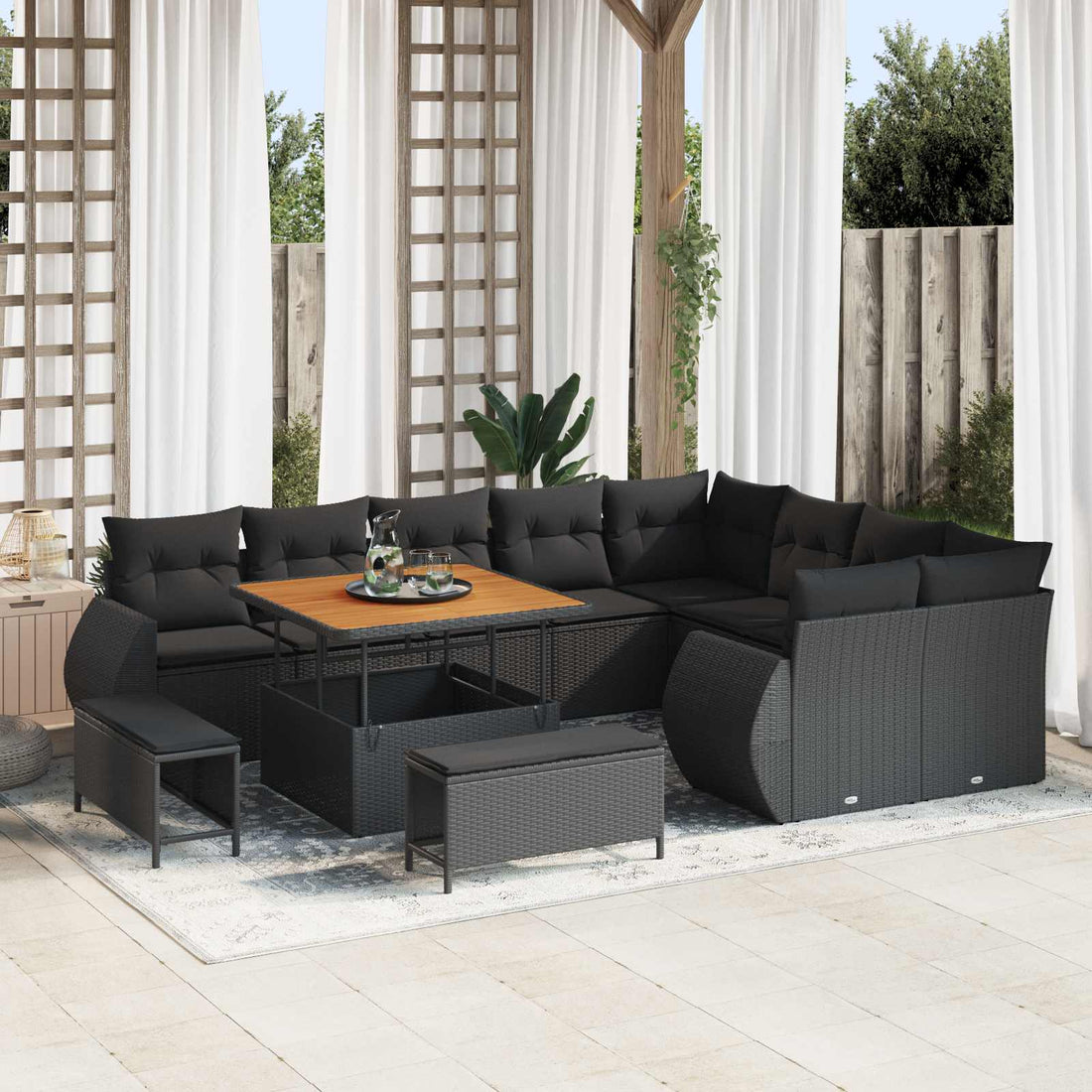 vidaXL Conjunto de sofás de jardín 12 uds. Negro ratán sintético