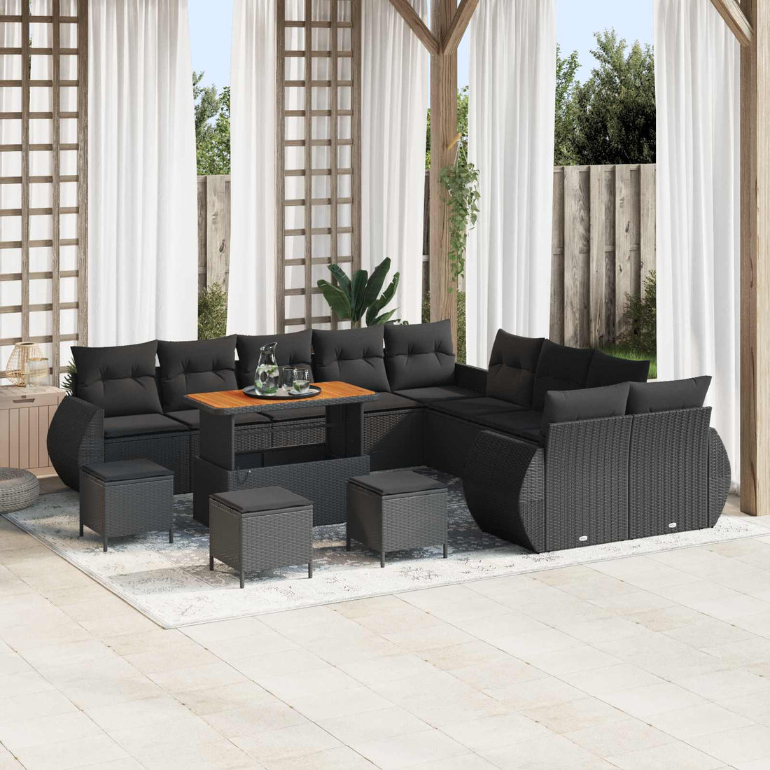 vidaXL Conjunto de sofás de jardín 14 uds. Negro ratán sintético
