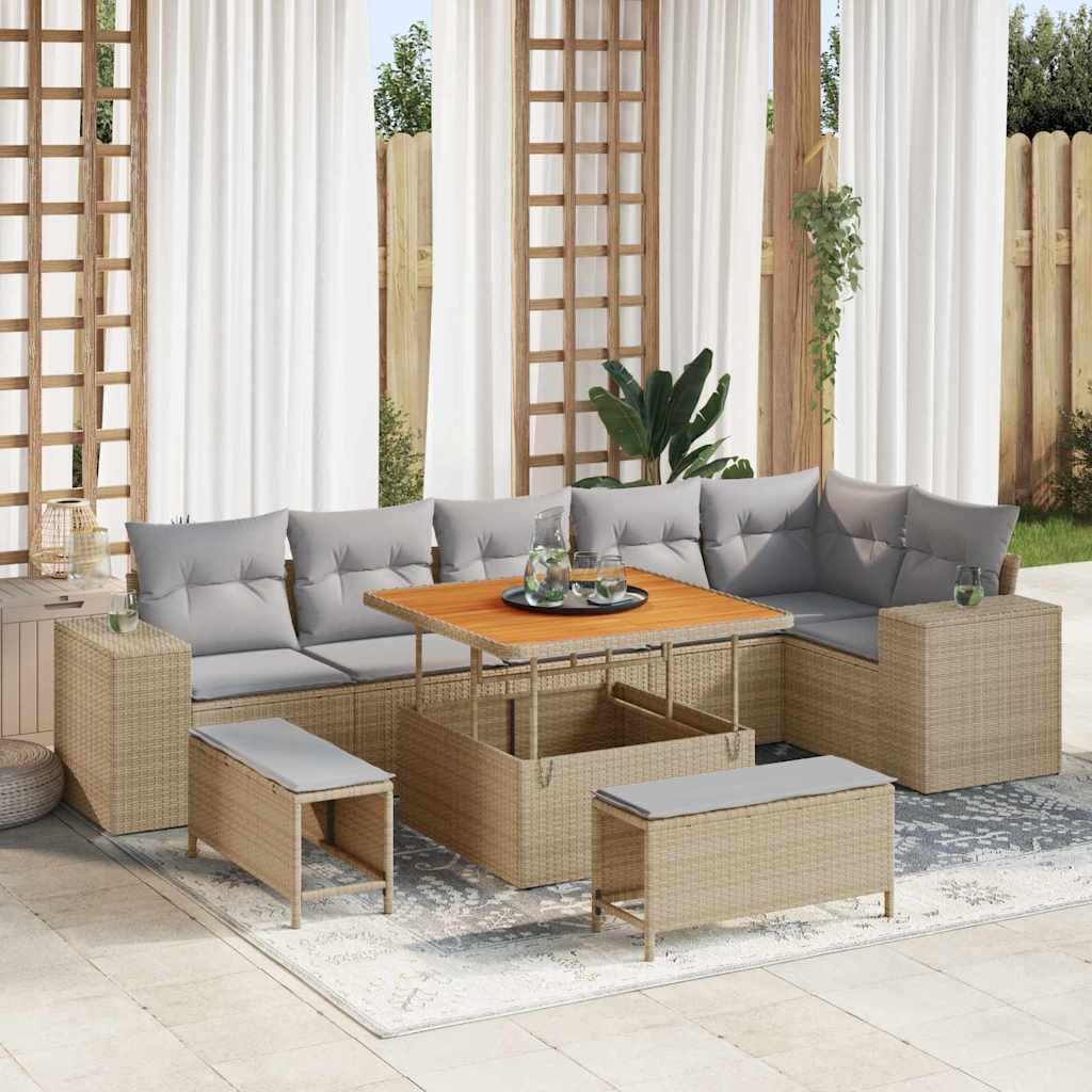 vidaXL Conjunto de sofá de jardín 9 uds. Beige ratán sintético