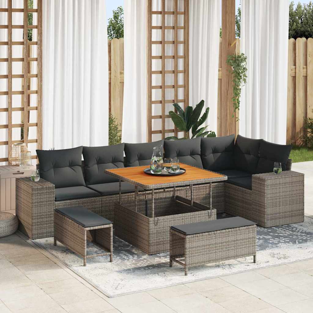 vidaXL Conjunto de sofá de jardín 9 uds. Gris ratán sintético