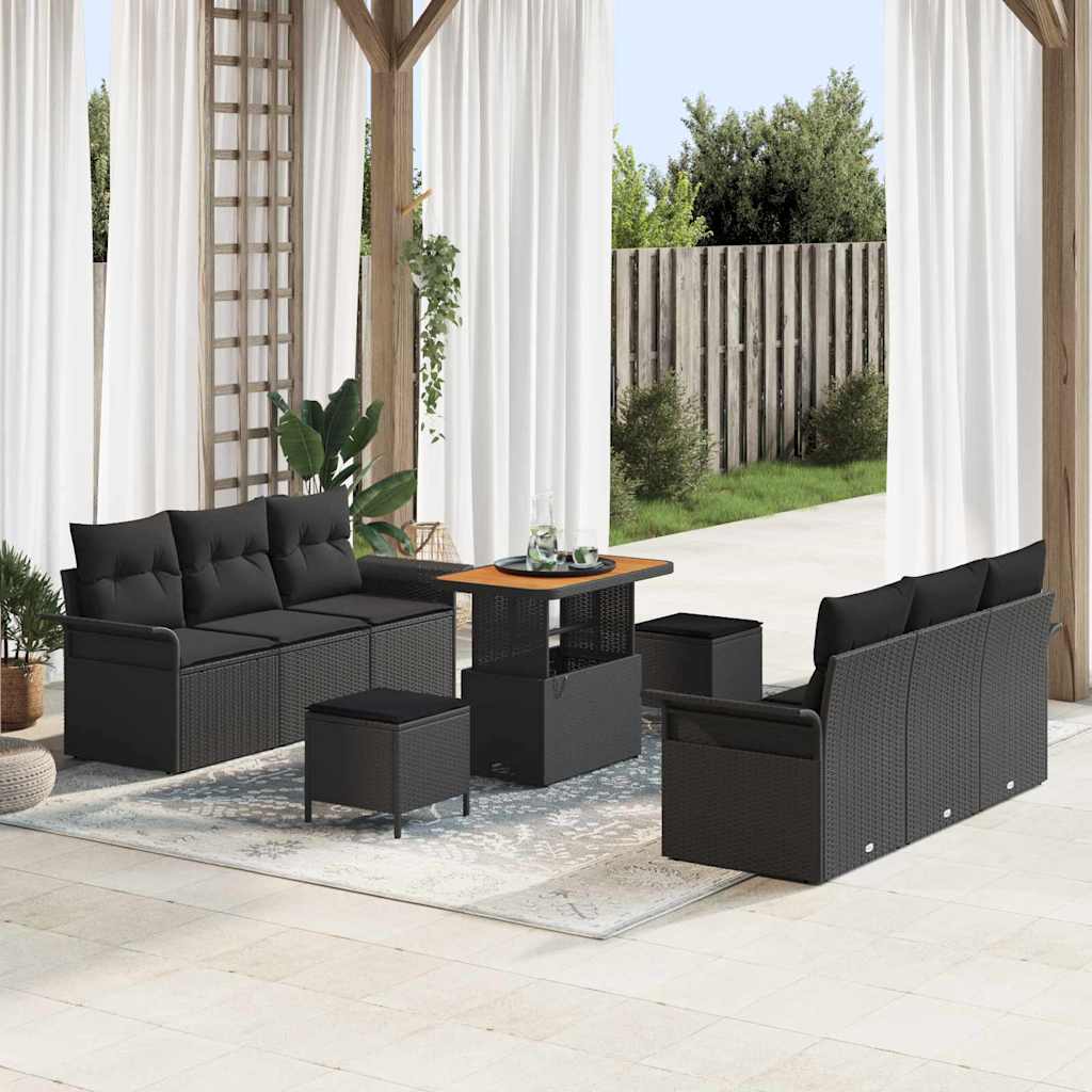 vidaXL Conjunto de sofás de jardín 9 uds. Negro ratán sintético