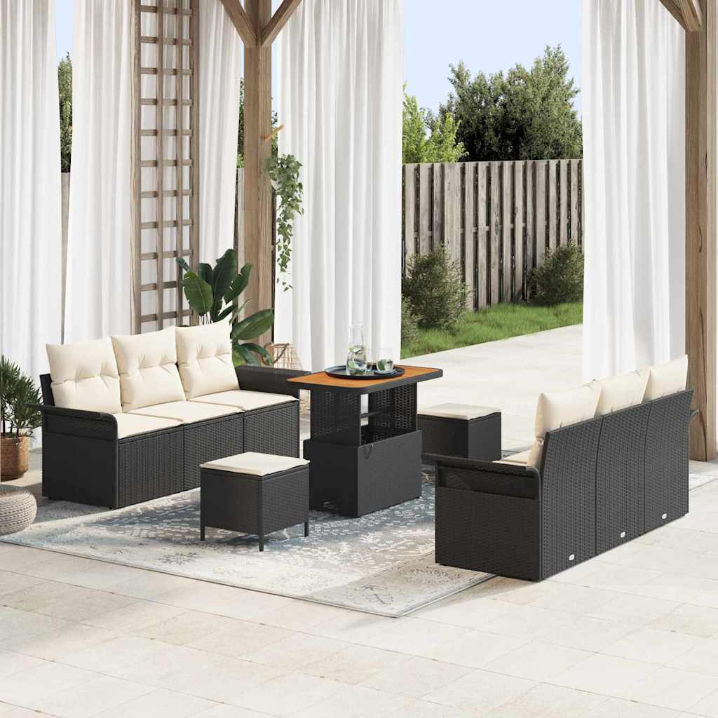 vidaXL Conjunto de sofás de jardín 9 uds. Negro ratán sintético