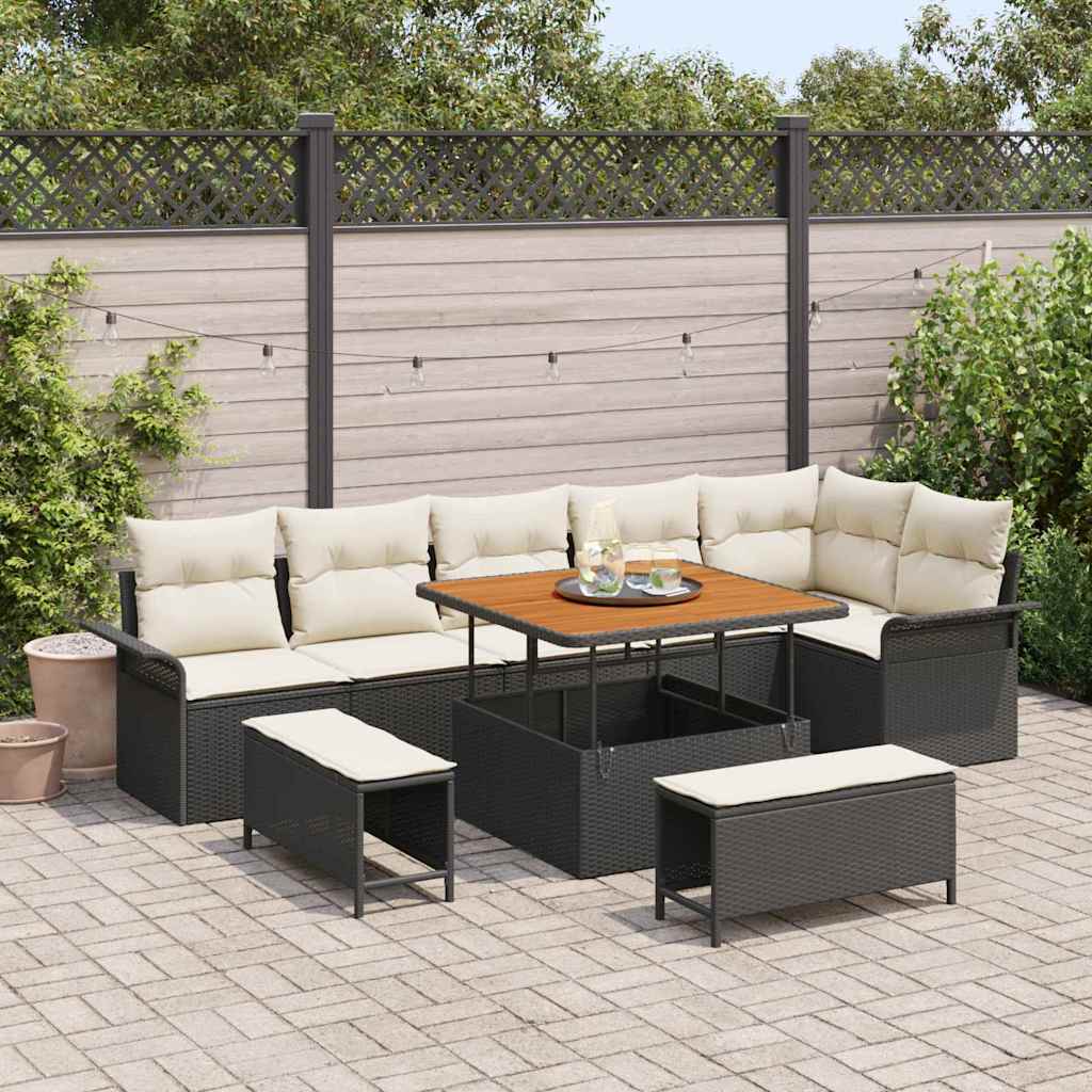 vidaXL Conjunto de sofás de jardín 9 uds. Negro ratán sintético