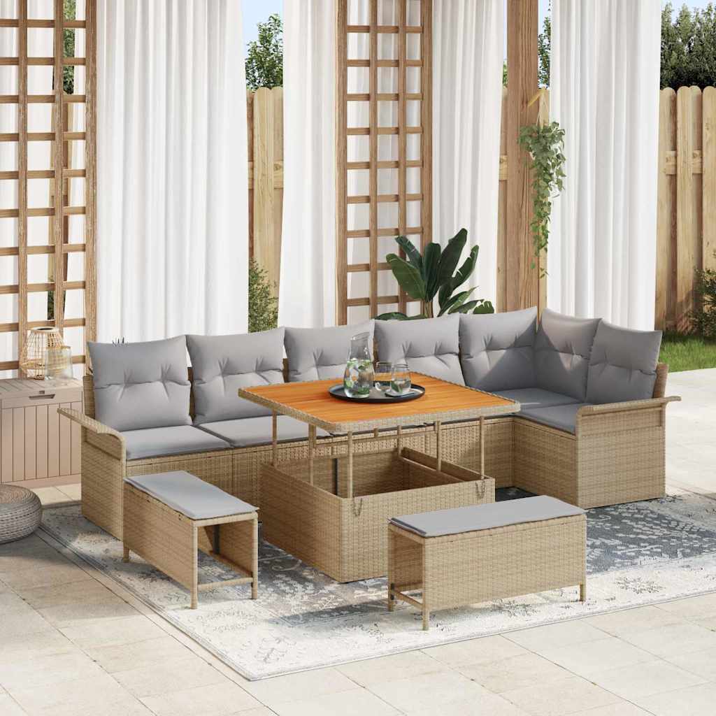 vidaXL Conjunto de sofás de jardín 9 uds. Beige ratán sintético
