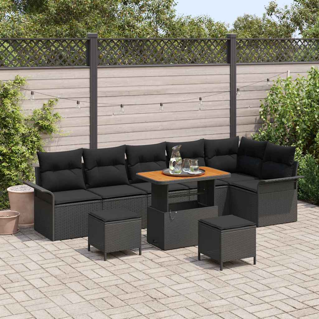 vidaXL Conjunto de sofás de jardín 9 uds. Negro ratán sintético