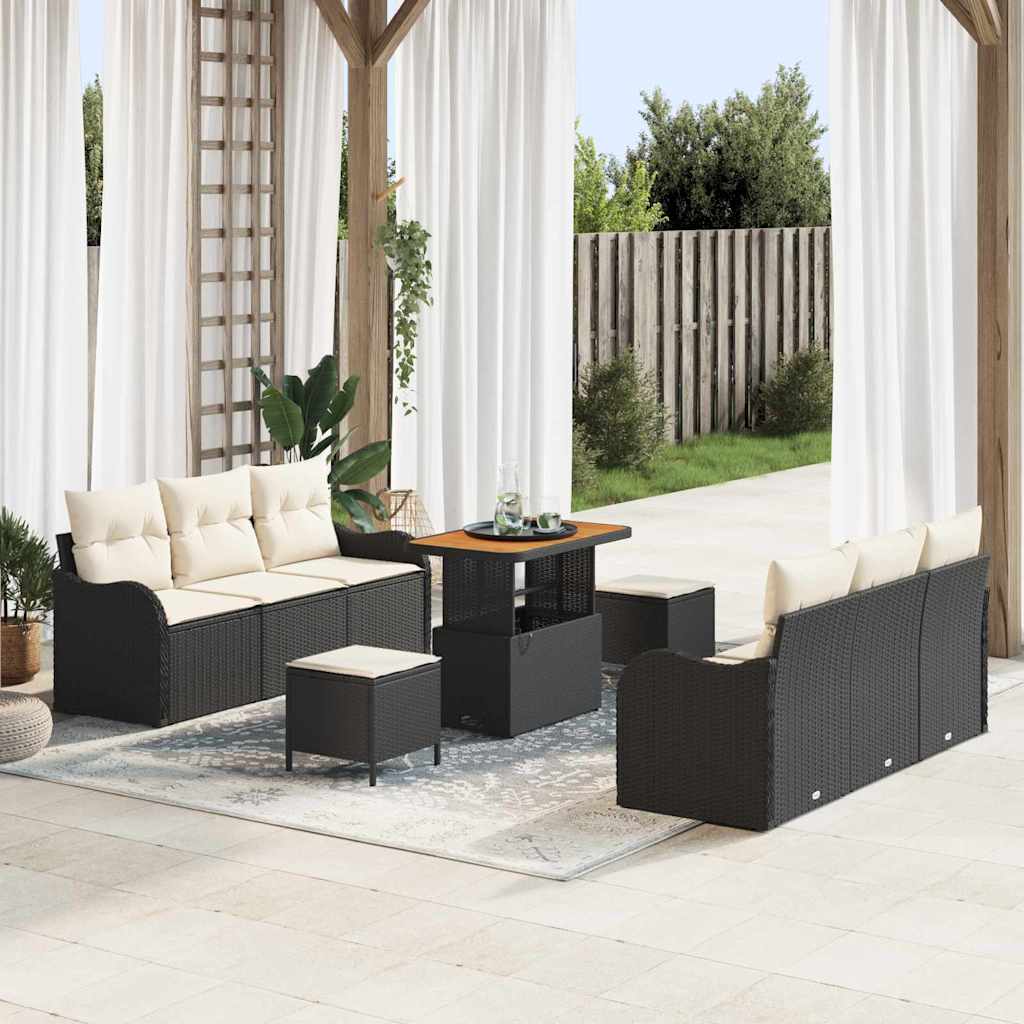 vidaXL Conjunto de sofás de jardín 9 uds. Negro ratán sintético