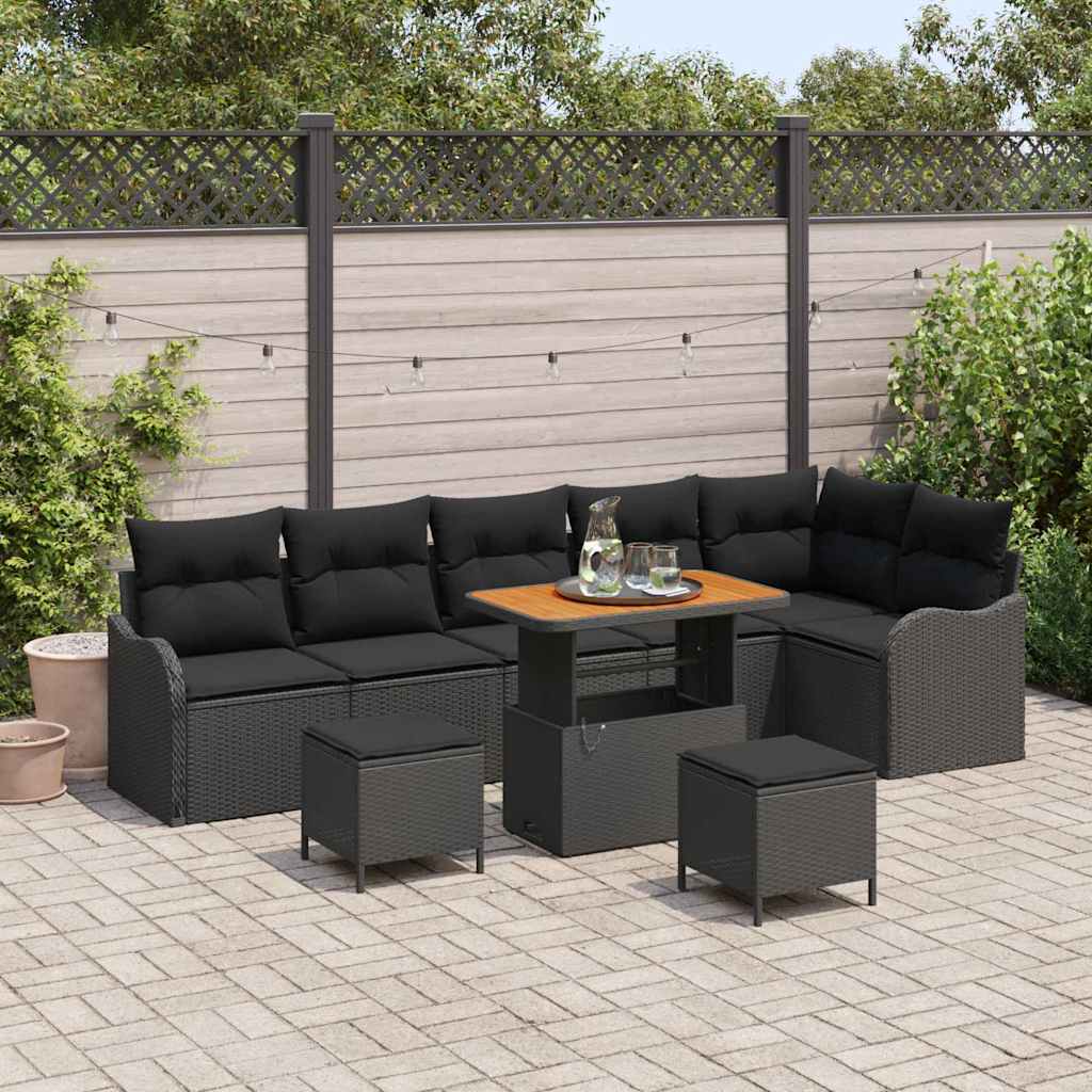 vidaXL Conjunto de sofás de jardín 9 uds. Negro ratán sintético