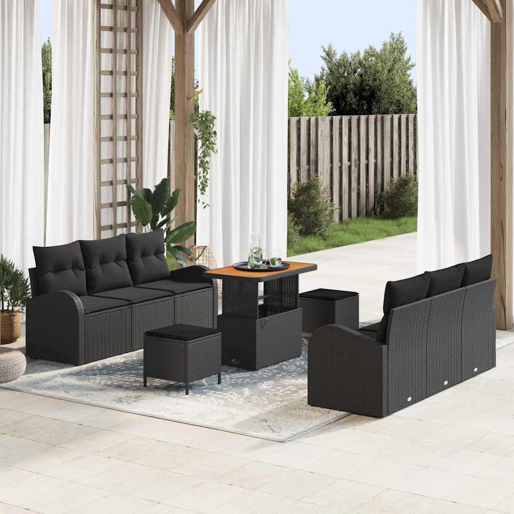 vidaXL Conjunto de sofás de jardín 9 uds. Negro ratán sintético