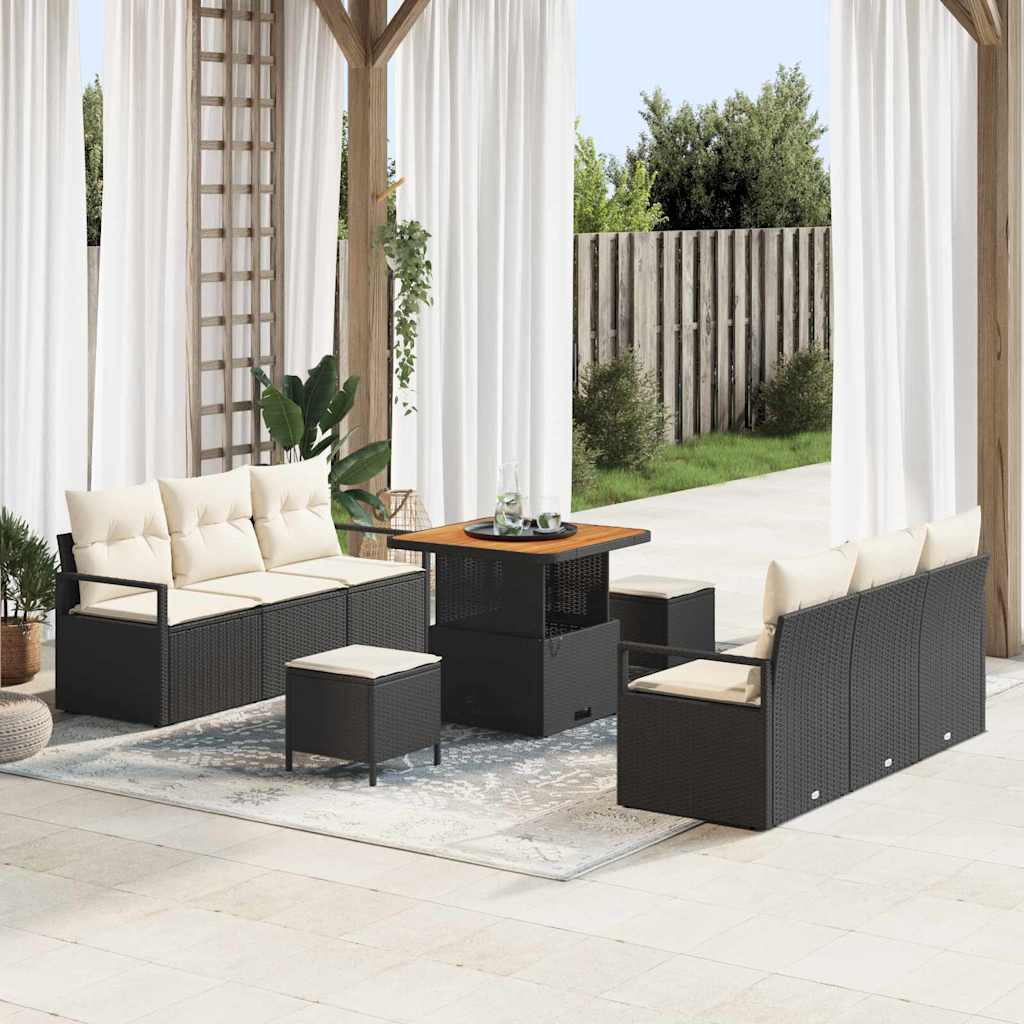 vidaXL Conjunto de sofás de jardín 9 uds. Negro ratán sintético