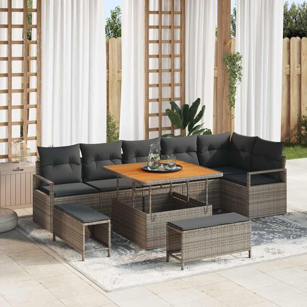 vidaXL Conjunto de sofá de jardín 9 uds. Gris Poliratán