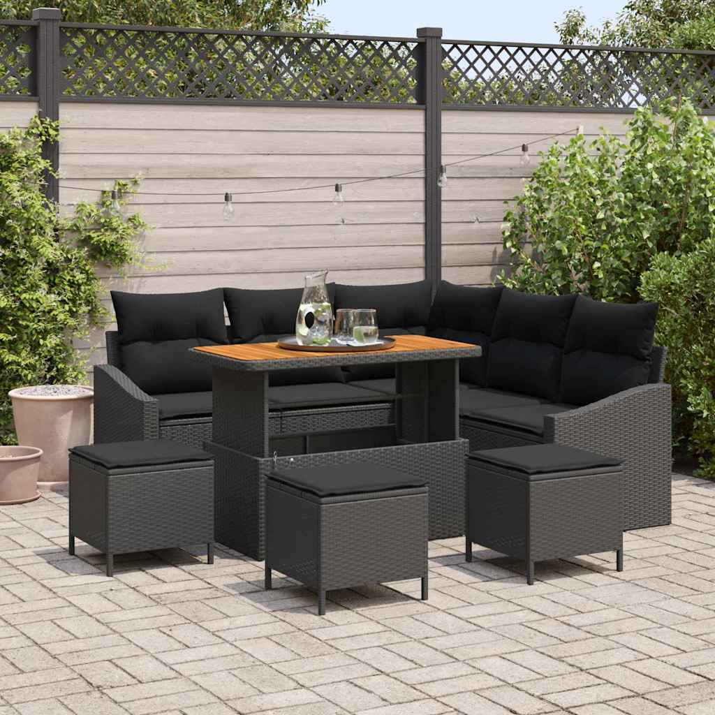 vidaXL Conjunto de sofás de jardín 9 uds. Negro ratán sintético