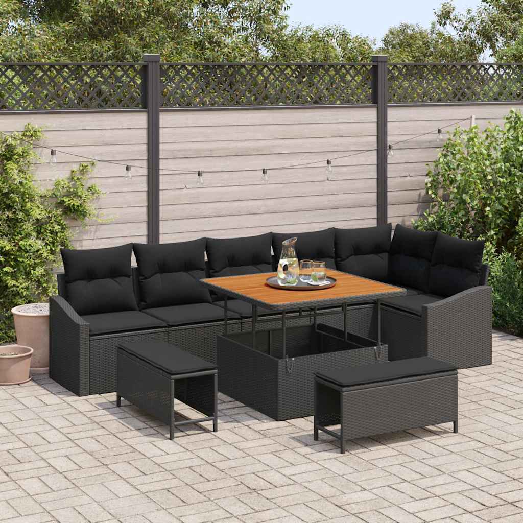 vidaXL Conjunto de sofás de jardín 9 uds. Negro ratán sintético