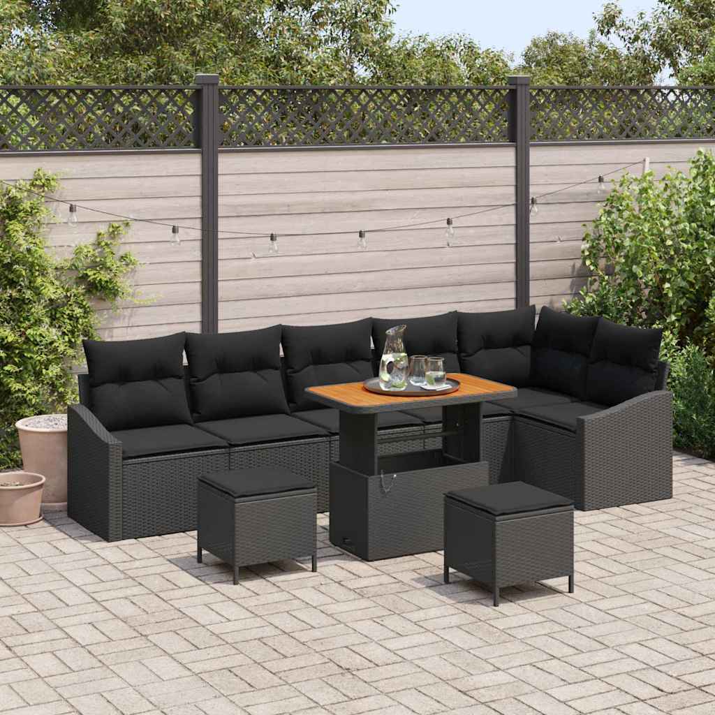 vidaXL Conjunto de sofás de jardín 9 uds. Negro ratán sintético