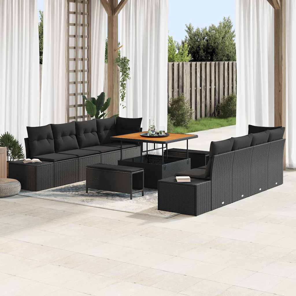 vidaXL Conjunto de sofás de jardín 11 uds. Negro ratán sintético