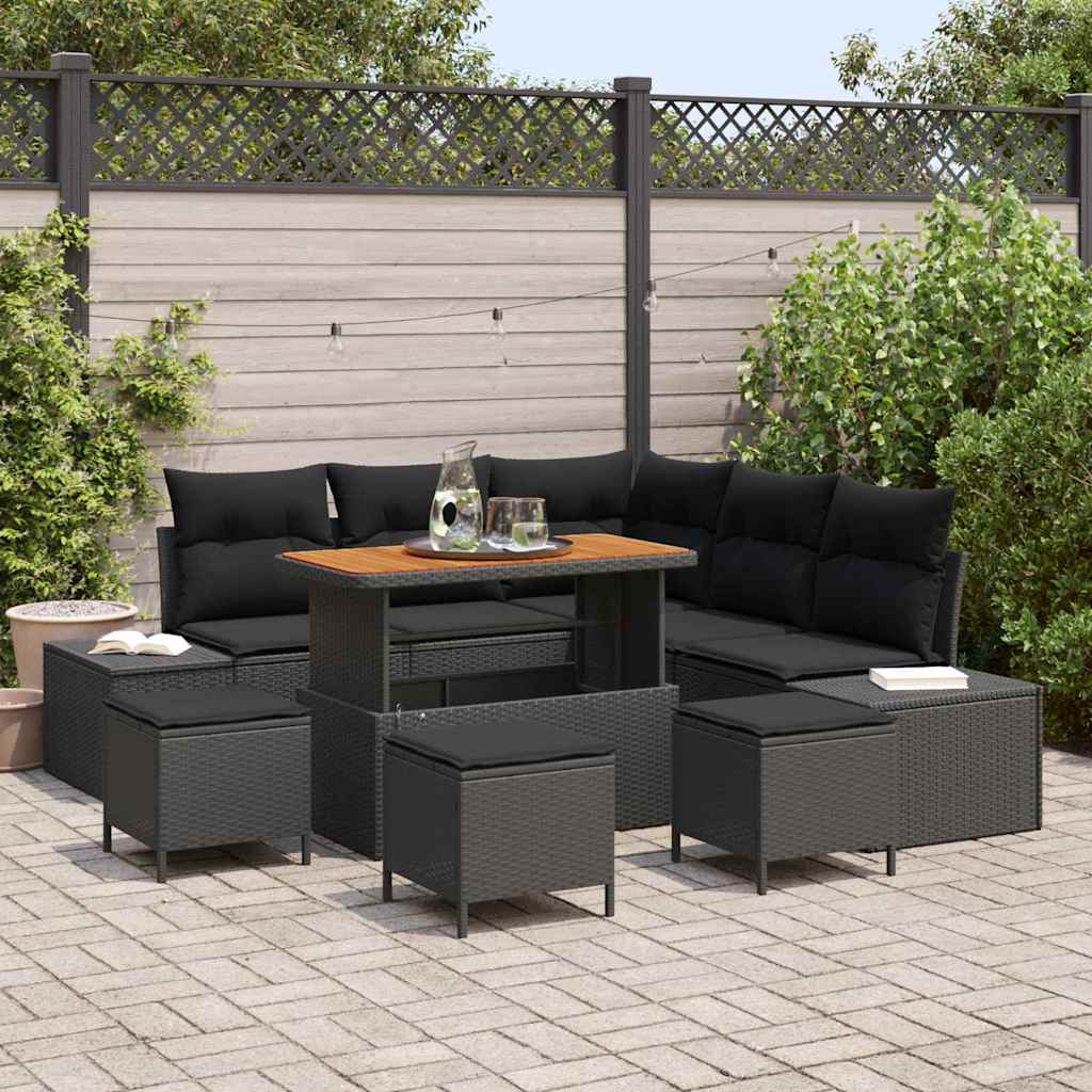 vidaXL Conjunto de sofás de jardín 9 uds. Negro ratán sintético